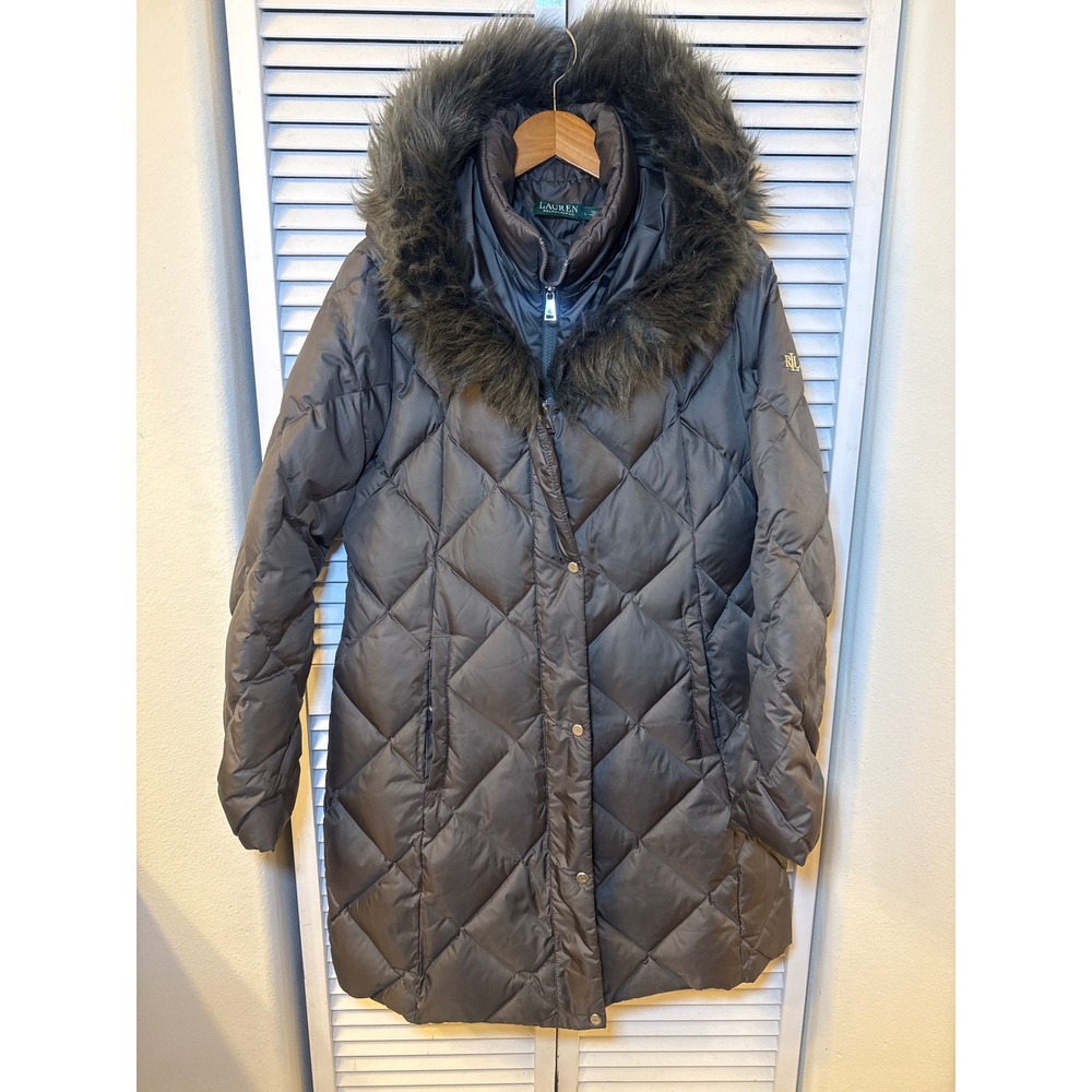 Lauren Ralph Lauren Gray Diamond Quilted Puffer Coat Faux Fur Hood LRL Parka L